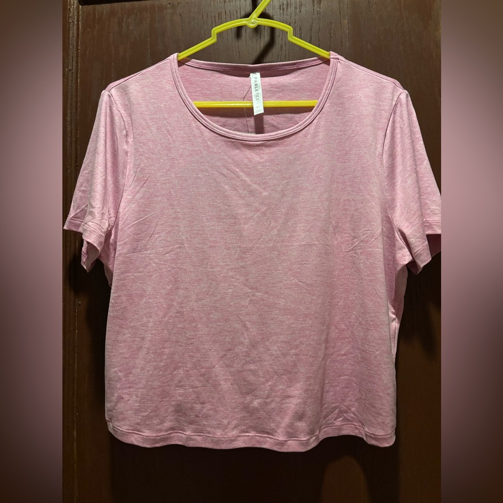 NWT Fabletics Dry-Flex Open Back Twist Short Sleeve Tee in Pink Sunset Heather - Picture 4 of 11